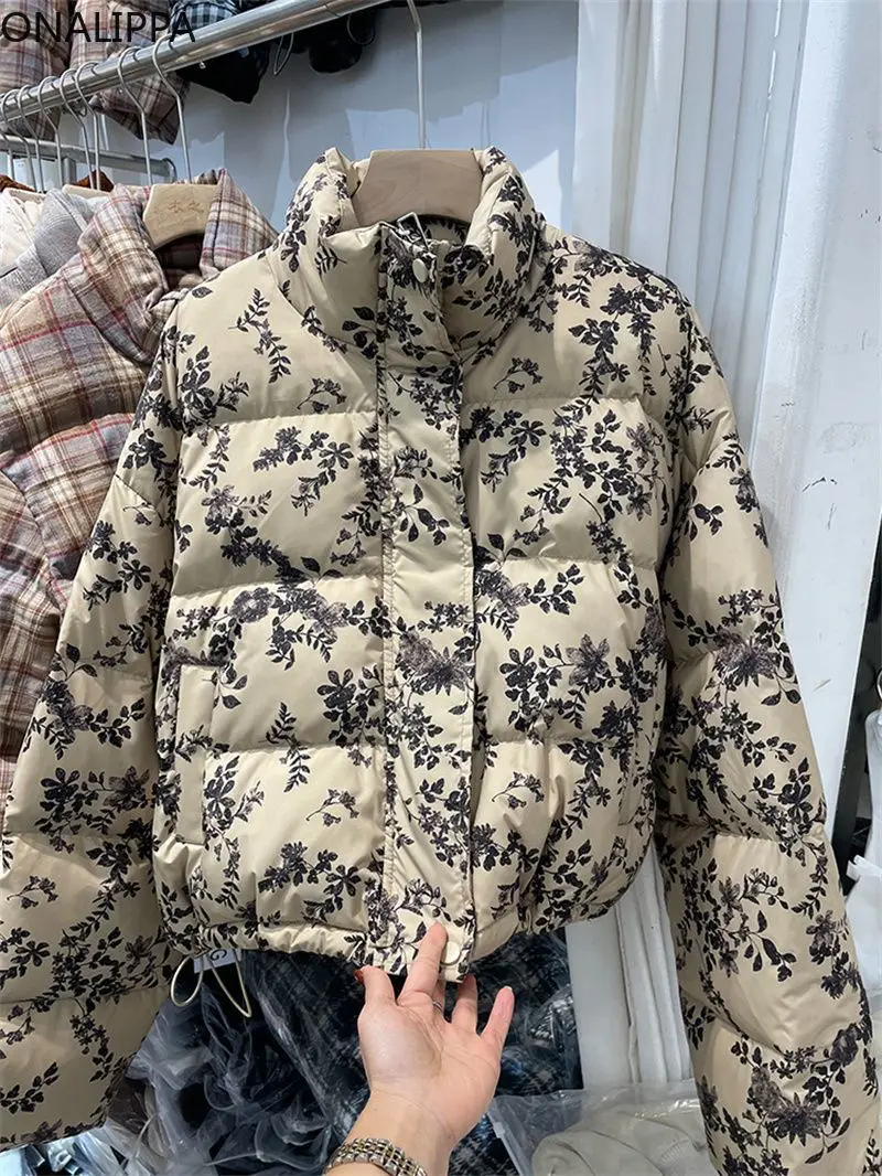 Onalippa Flowers Printing Quilted Coat Turtleneck Zip Up Straight Loose Winter Clothes Women Korean Contrast Drawstring Jackets