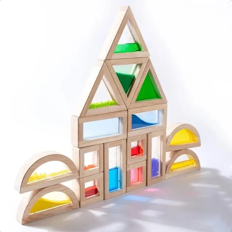 Bloques de construcción de madera grandes para niños pequeños, 16 Uds., bloques de arcoíris, juego de juguetes de construcción apilables sensoriales geométricos coloridos P