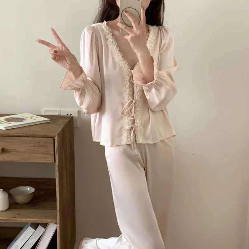 

Lace Sleepwear Women Pajama Sets Long Sleeve Piiama Korean Pants Sets 2 Pieces Ruffle Casual Night Wears V-neck Autumn Home Suit