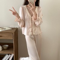 Lace Sleepwear Women Pajama Sets Long Sleeve Piiama Korean Pants Sets 2 Pieces Ruffle Casual Night Wears V-neck Autumn Home Suit