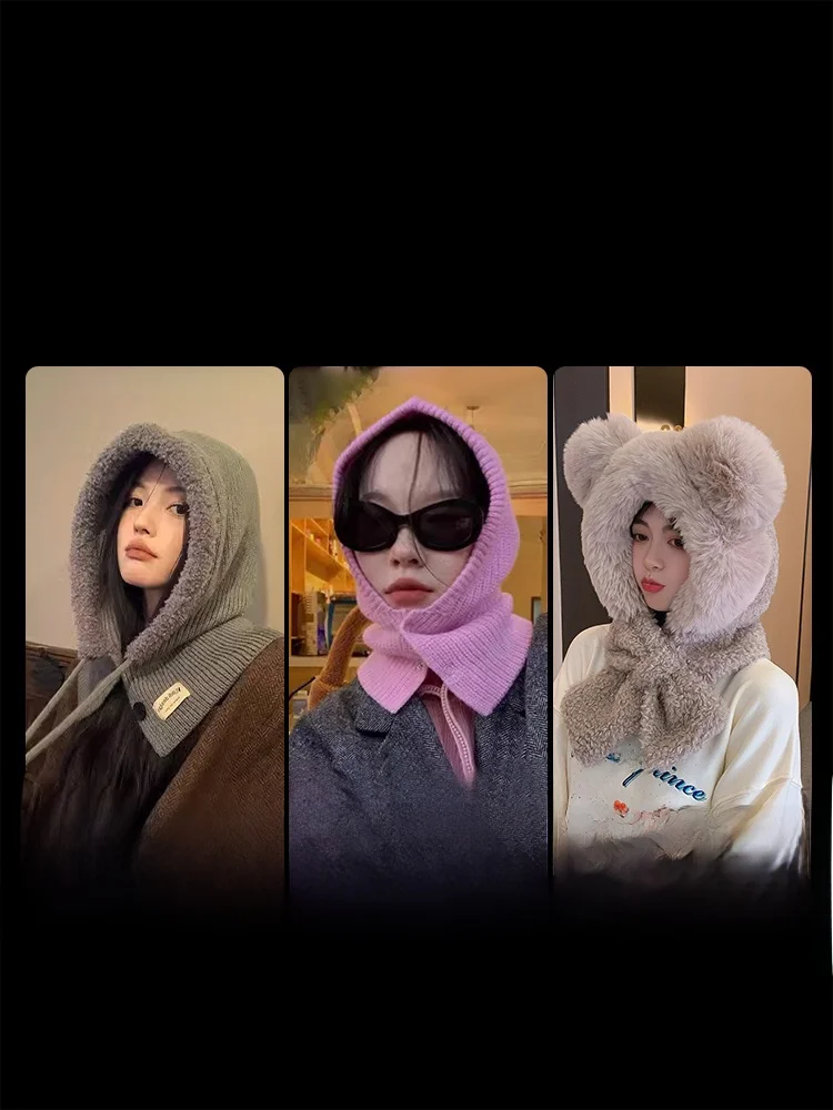 

New Women's Winter Hat Scarf One-Piece Hood Warm Ear Protection Knitted Cap Casual Sle round Top No Brim Flat Brim Cap