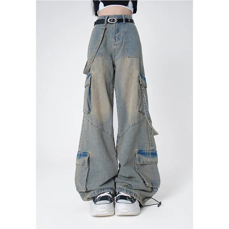 American Retro Oversized Baggy Y2K Jeans Women High Waist Casual  Pockets Cargo Pants Wide Leg Grunge Streetwear Denim Trouser