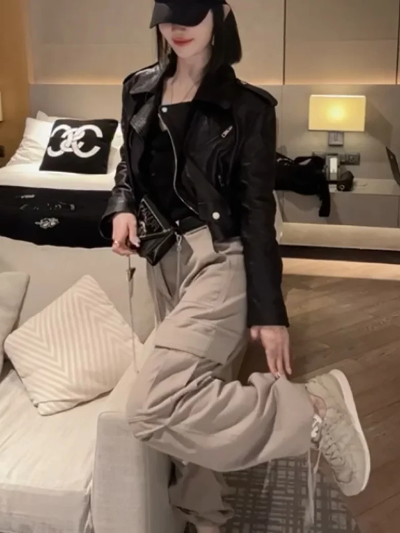 Faionable ort eepskin couro jaet feminino fino ajuste casaco de motociclista tamanho pequeno casaco outerwear ele sle outono 2025