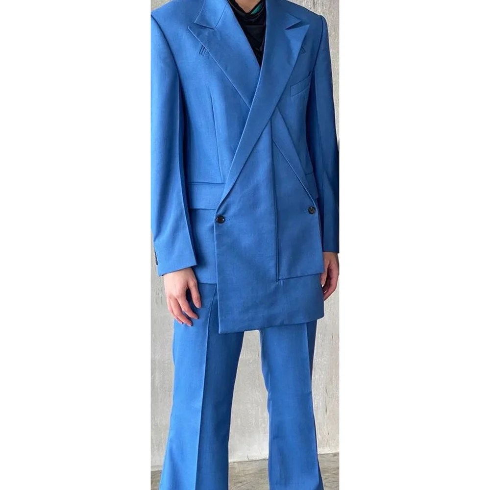 

Blue Men Suit For Wedding Summer Fashion Blazers Sets 2 Pieces Single Breasted Male Jacket Trousers Slim Fit Ceremony Wear