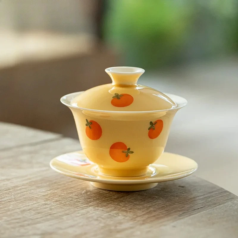 130ml Hand-painted Persimmon Apricot Yellow Gaiwan Aesthetic Tea Tureen Tea Bowl With Lid Kit Tea Maker Cover Bowl Craft Gift