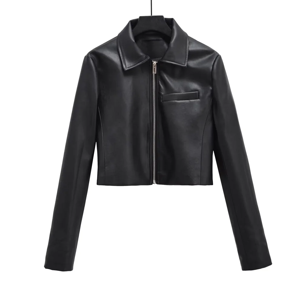 TRAF 2024 Autumn New Product Women\'s Versatile Collar Motorcycle PU Imitation Leather Jacket Short Coat