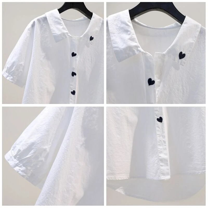 Polo francês bordado com coração feminino, branco, solto, blusa de manga curta, tendência do verão, camisa fina, moda verão, Y2K, 98% algodão