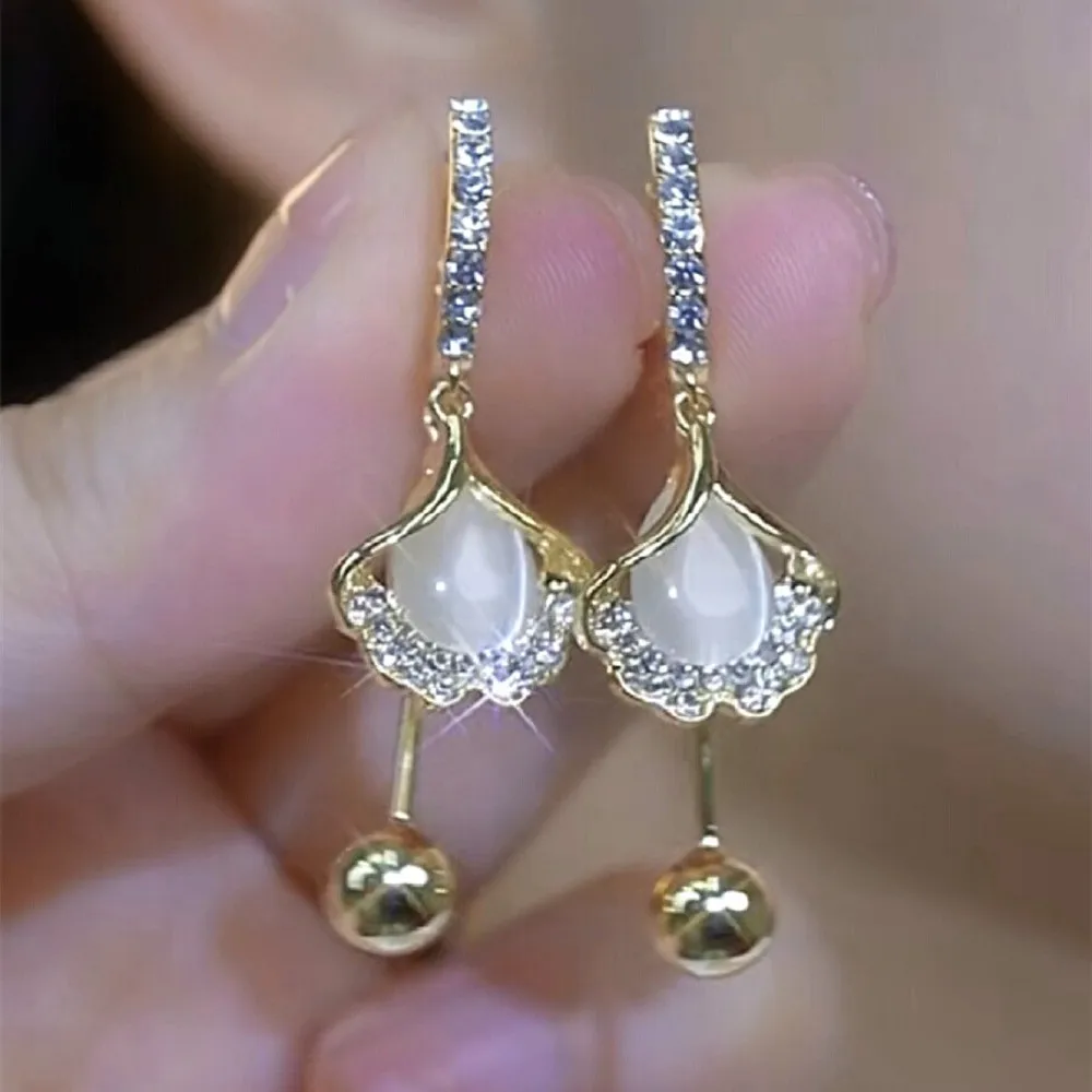 New Fashion Gold Color Ginkgo Leaf Drop Earrings for Women Luxury Rhinestone Earrings Girl Party Birthday Christmas Jewelry Gift