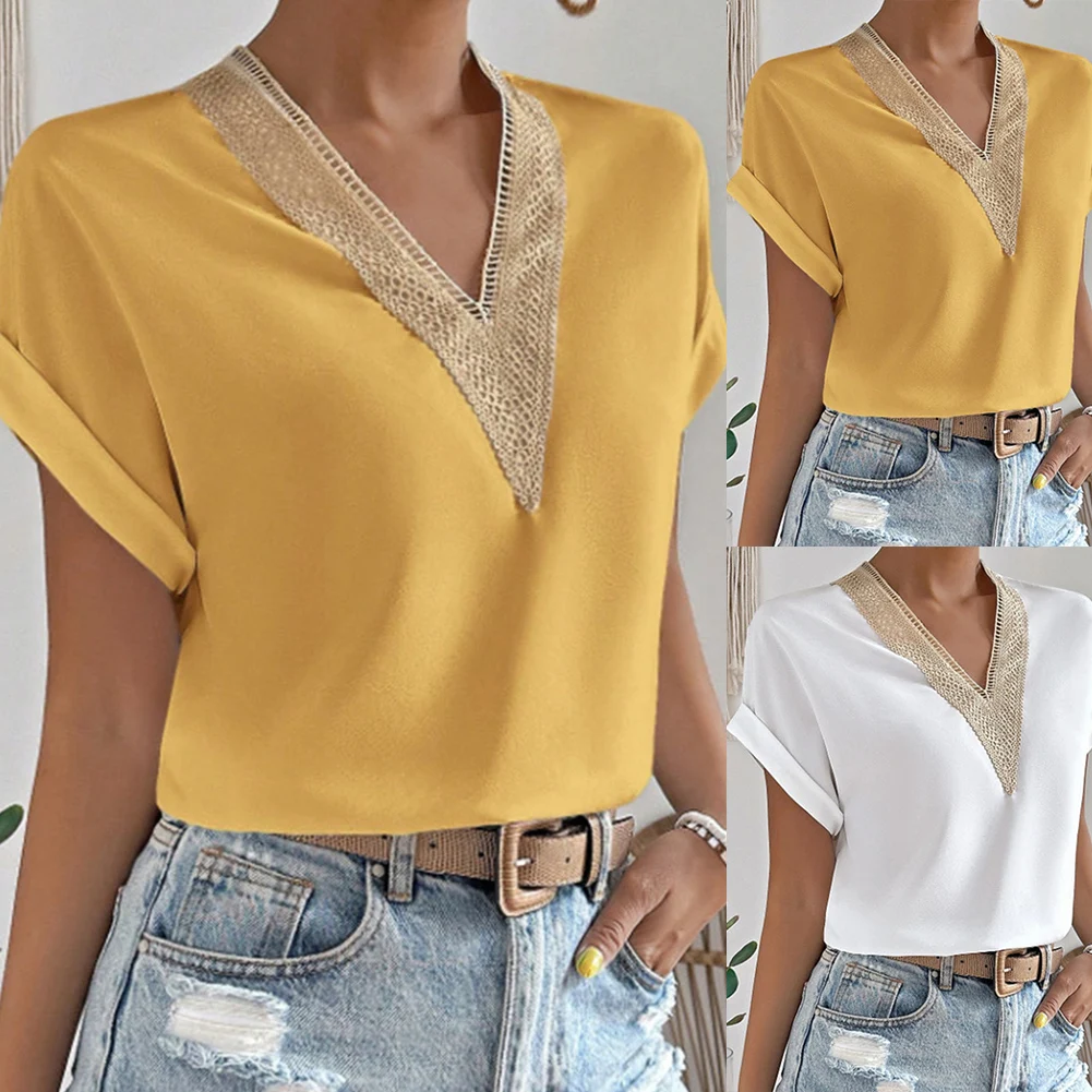 بلوزة نسائية بلون سادة ورقبة على شكل حرف v صيفية من الدانتيل بأكمام قصيرة ملابس نسائية قمصان عصرية غير رسمية قابلة للتنفس