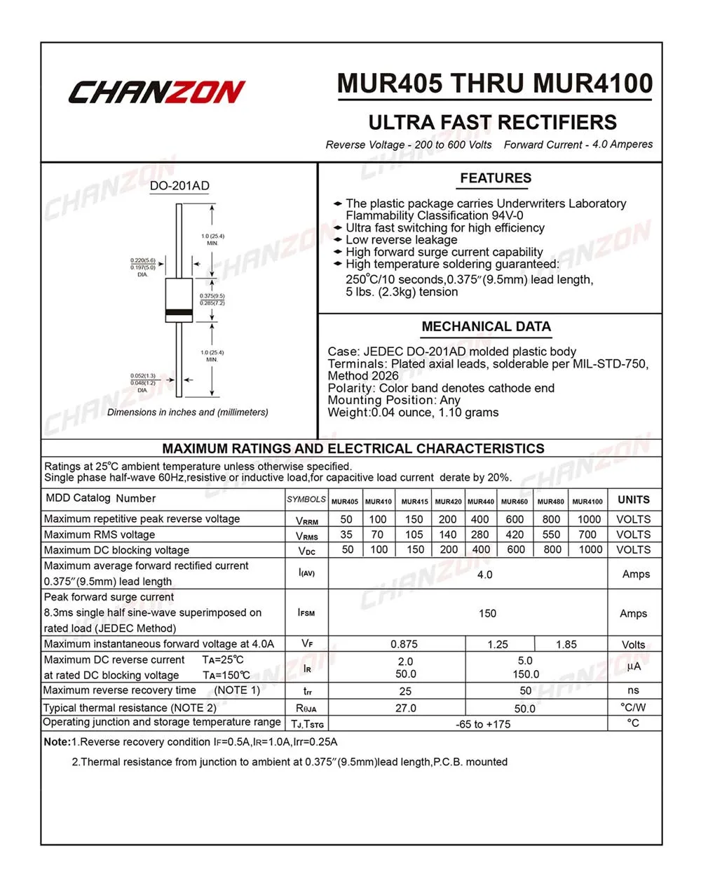 20 Pcs MUR460 Super Fast Recovery Rectifier Diode 4A 600V 25-50ns Do-201AD Axial 4 Amp 600 Volt MUR 460 / MUR460R