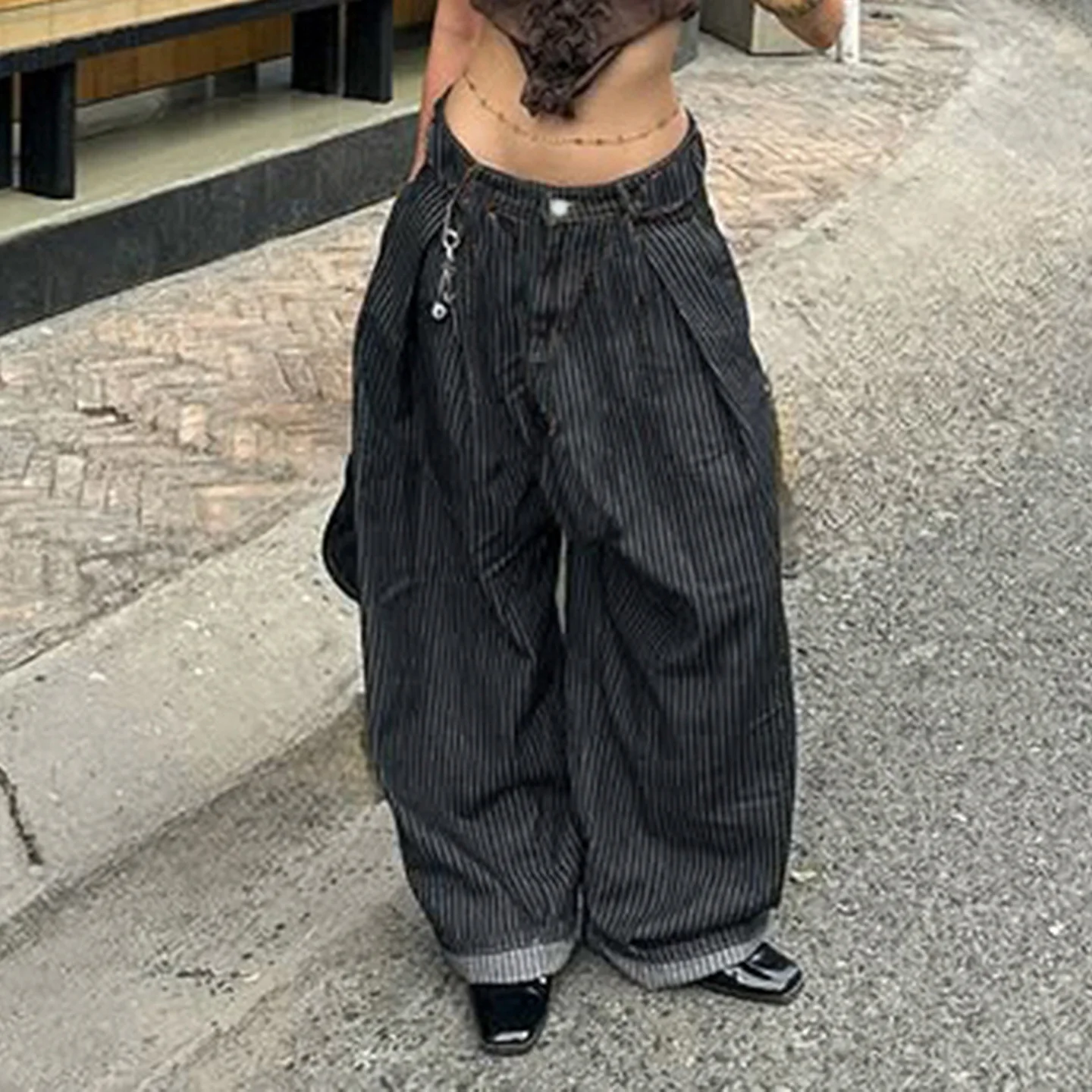 

Джинсы с низкой талией в вертикальную полоску в стиле ретро, женская минималистичная уличная одежда премиум-класса, свободные прямые широкие брюки