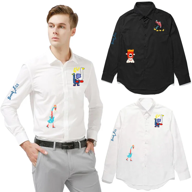 

Мужская рубашка на пуговицах из полиэстера, свободная прямая рубашка с лацканами с принтом собаки и гуся, повседневная уличная одежда в уличном стиле на весну и осень