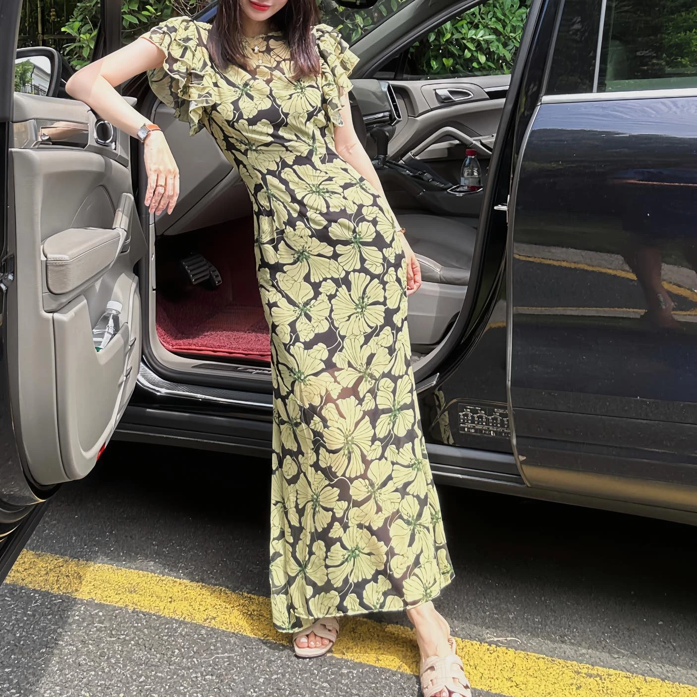 

2023 new Women's Flower Printed midi dress Flying Short Sleeve Fashion Temperament Long Dress