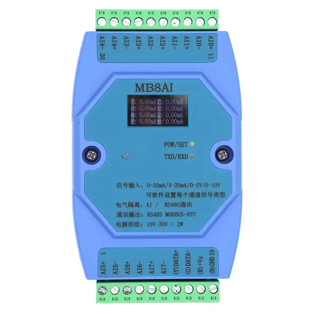 

Hot sell 8AI 8-Channel 4-20mA 0-5V 0-10V 0-20mA Analog Input Acquisition Module MODBUS RTU RS485 With OLED Screen