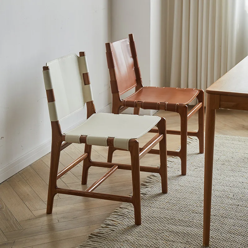 wood saddle leather artificially woven dining chair home retro restaurant leather old light luxury leisure hotel chair