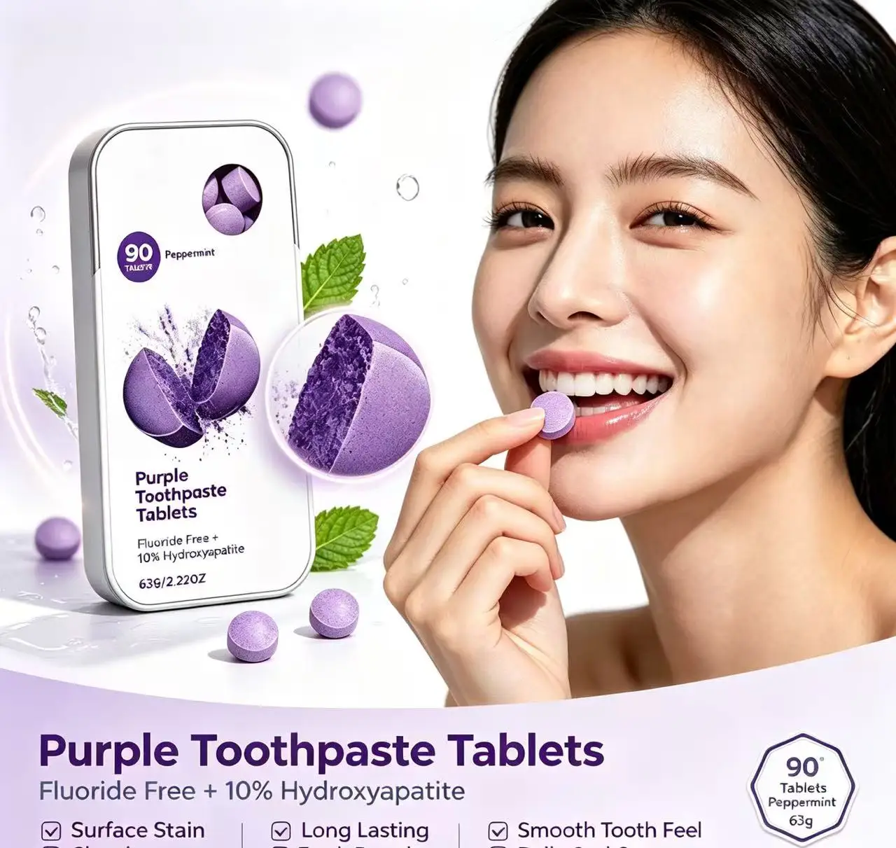 Purple Chewable Toothpaste Tablets Fluoride Free 10% Hydroxyapatite Peppermint 90 Tablets Deep Clean Fresh Breath
