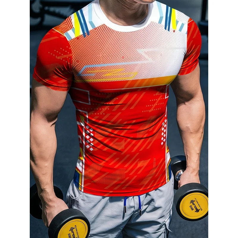 T-shirt à manches courtes et col rond, coupe ajustée, haute élasticité, imprimé géométrique 3D, séchage rapide, idéal pour l'entraînement sportif estival et la salle de sport.
