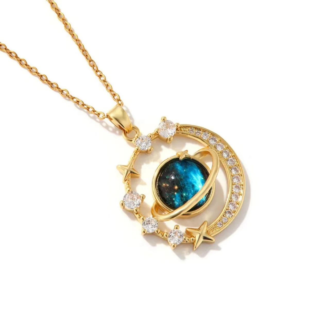 Women Space Necklace Moon Star Planet Pendant Saturn Necklace Crystal Rhinestone Jewelry Celestial Fashion Gift Accessory
