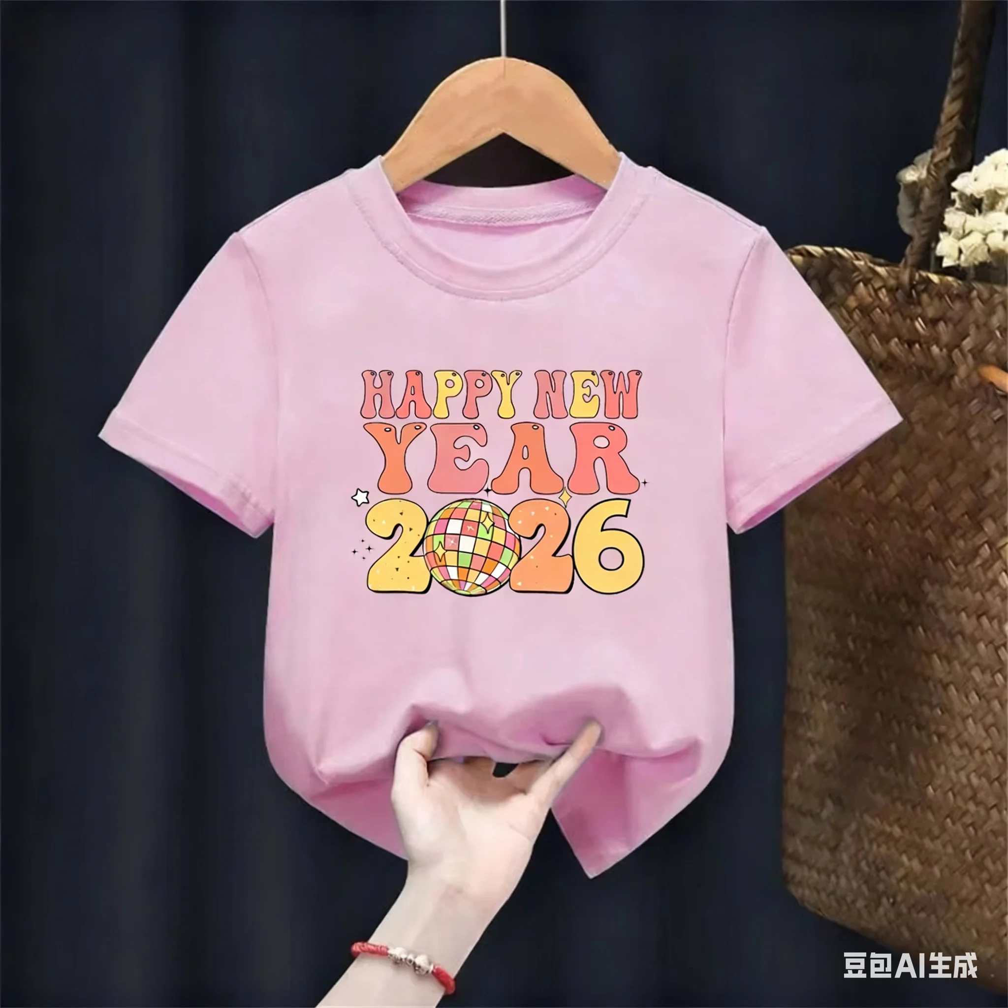 مرحبا 2026 سنة جديدة سعيدة موضة الفتيات تي شيرت لطيف ملابس الأطفال التي شيرت السنة الجديدة هدية زي عطلة زي حفلة تيز #4