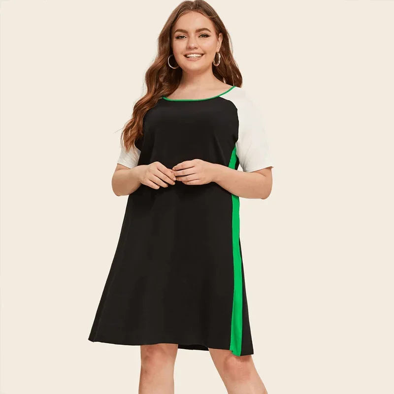 Vestido de manga curta a linha A feminino, ajuste solto, comprimento do joelho, preto e branco, plus size, vestido casual de verão, 5XL, 6XL, 7XL, 8XL