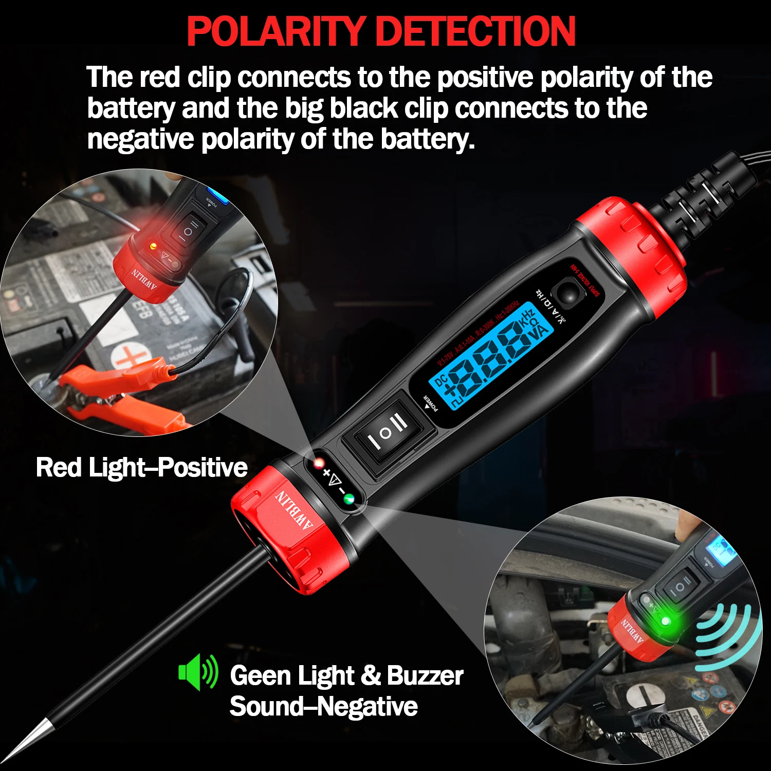 AWBLIN Power Circuit Probe Tester, LCD Digital Automotive Test Light with Voltmeter DC Voltage Relay Fuse Component Current Test