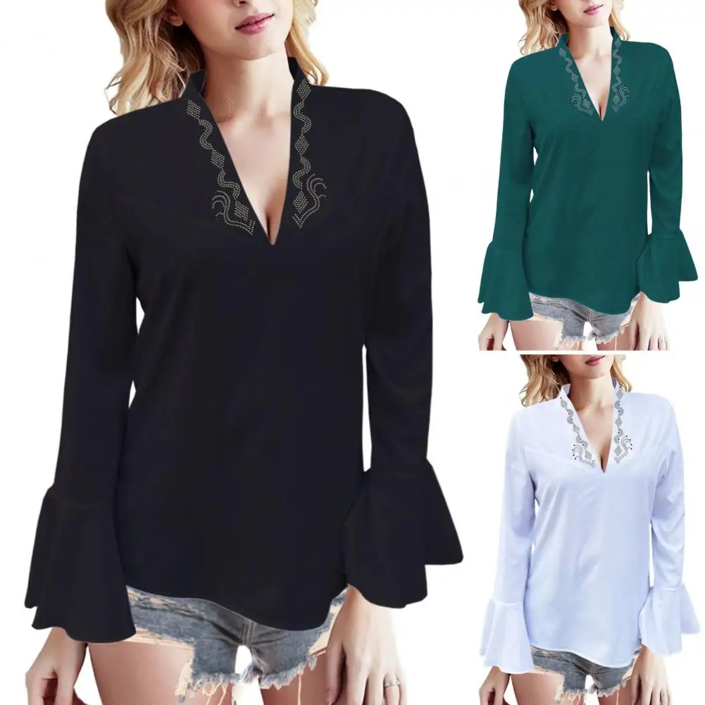 1Pc Soft Women Tops V-Neck Long Sleeve Ruffle Cuffs Casual Shirt Solid Color Loose Fit Work Party Vacation Blouse for Daily Wear