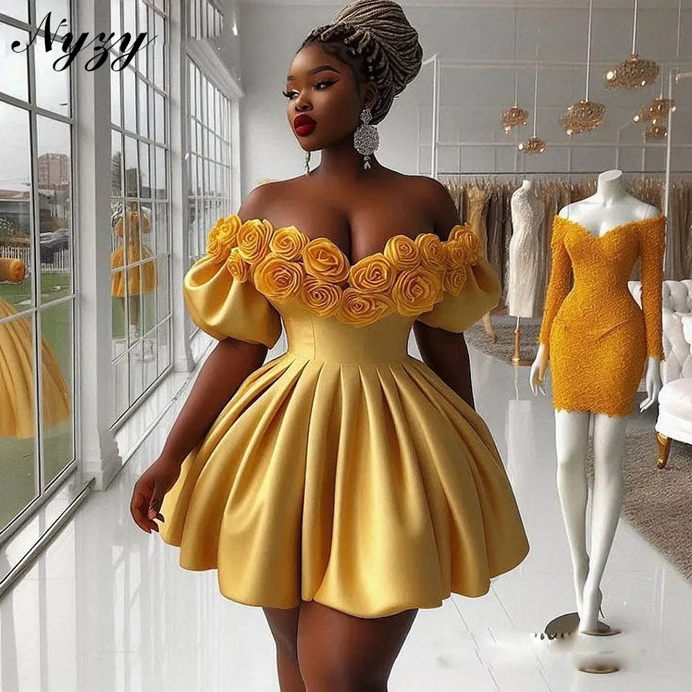 

NYZY C610 Customized Wedding Party Evening Gowns Africa Satin Sexy off the Shoulder Yellow Cocktail Dresses with Roses 2025