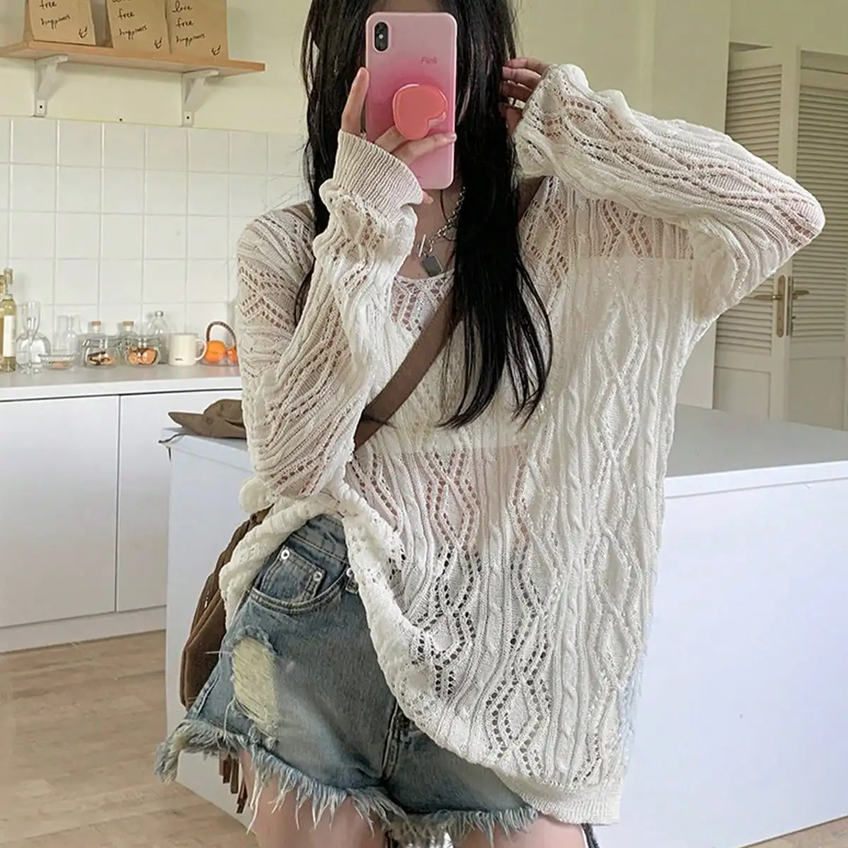 

Korean V-Neck Sexy Crocheted Cut Out Knitwear Spring and Summer New Cross Lace Loose Sun Protection Blouse Front and Back Wear