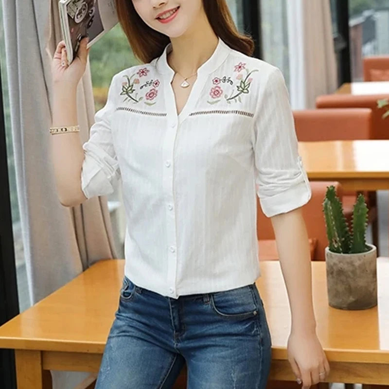 Fashion Floral Embroidery Women\'s Blouse Casual Long Sleeve Tops Elegant White Office Lady Shirt Women Clothing Blusas D839 30