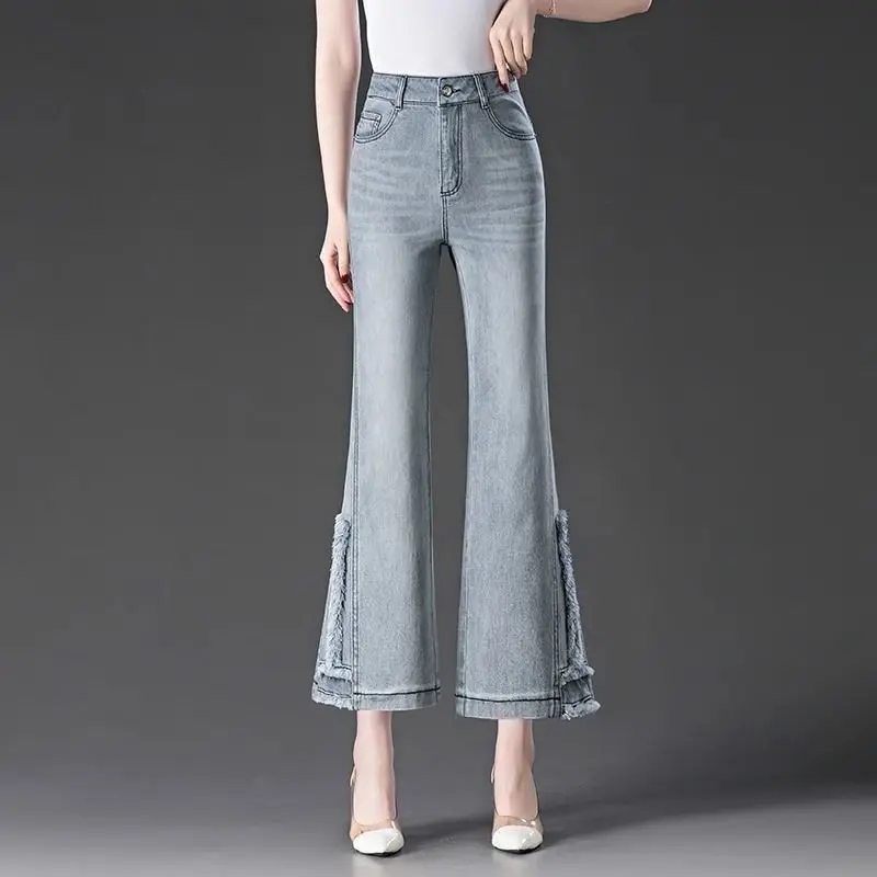 Women's Smoke Gray Flared Jeans 2026 Summer Thin Petite Nine Points Denim Pants Casual High Waist Bootcut Trousers