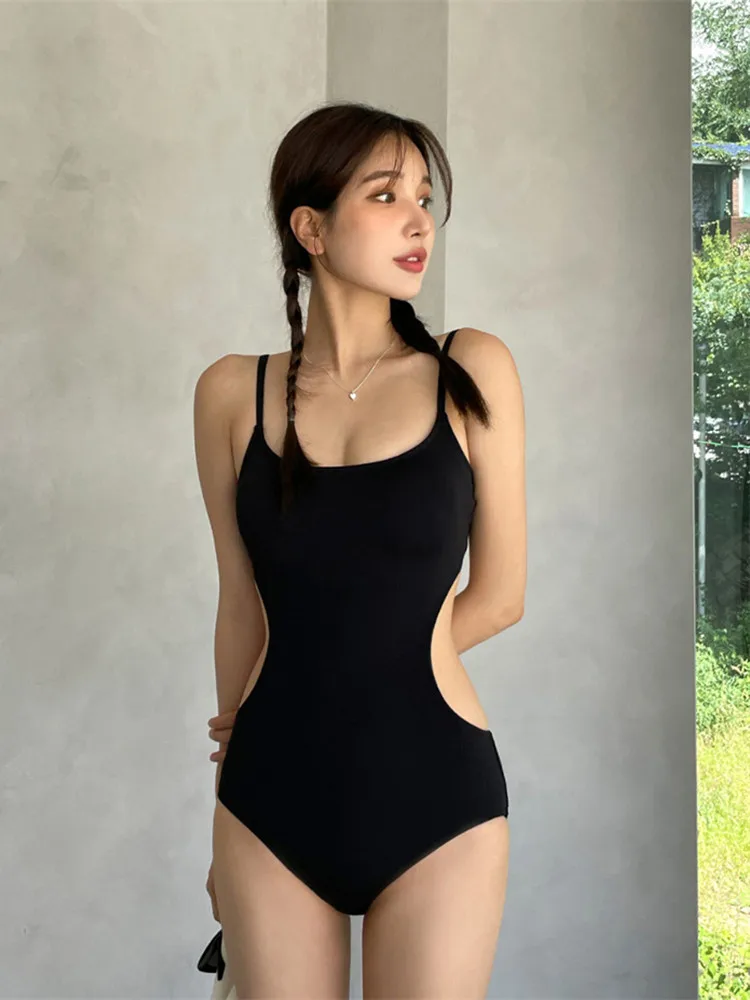 2024 Korean One Piece Swimsuit For Women Hollowed Out Straps Swimwear Girls Swimming Bathing Suit Vacation Beachwear Monokini