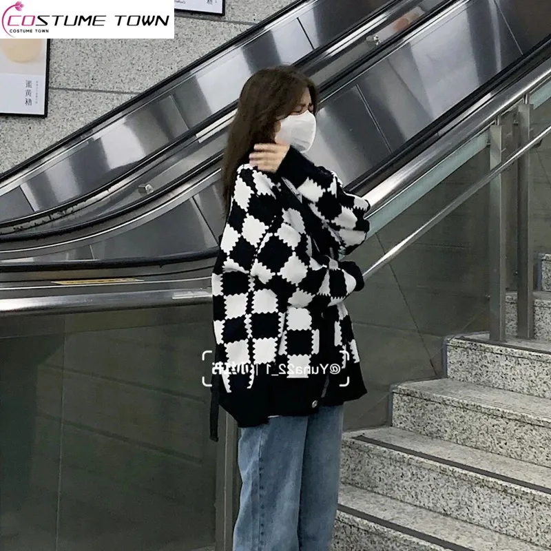 2023 Autumn/Winter New Checkerboard Pattern Loose Thickened Knitted Sweater Jeans Two Piece Set Lazy Fashion