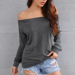 One Shoulder Strapless Women T-shirt Solid Color Slash Neck Off Shoulder Long Sleeve T-shirt Loose Autumn Lady Blouse Loose Top