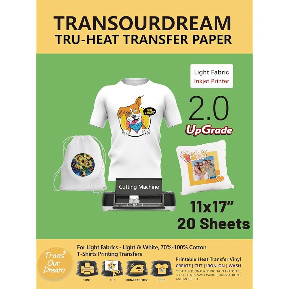 

Термотрансферная бумага для светлых футболок (20 листов, 11x17 дюймов, Light 2.0) — термотрансферный винил для струйной печати