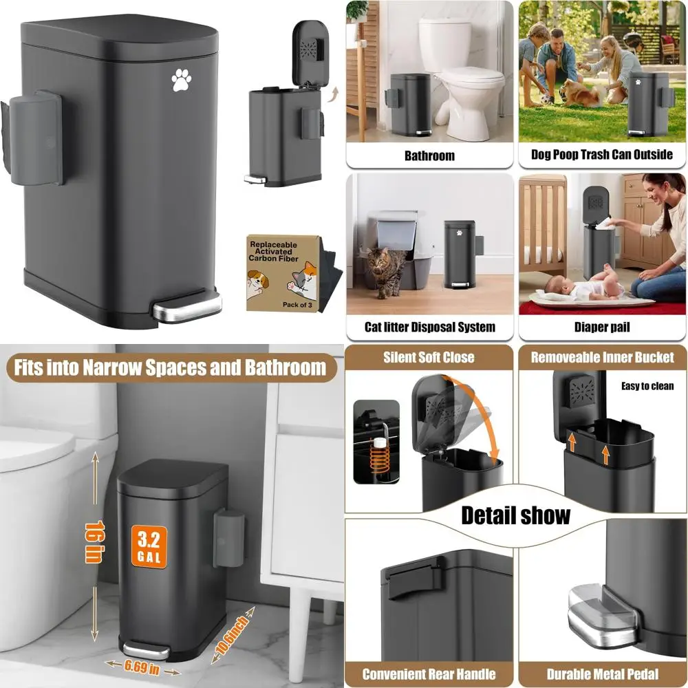 

Stainless Steel 3.2 Gallon Outdoor Dog Waste Trash Can with Step Pedal and Odor Control Lid, Waterproof for Pet Waste Disposal