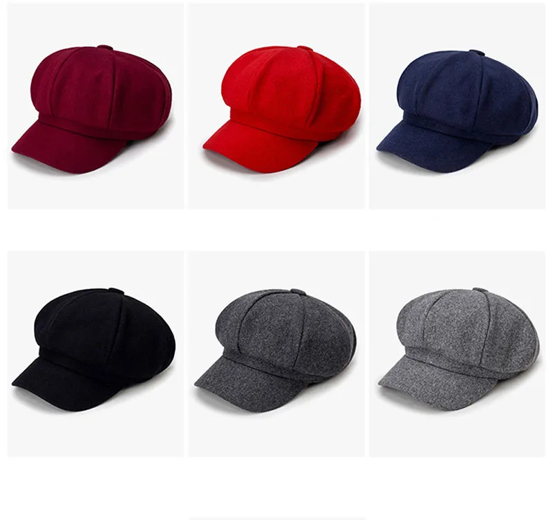 Autumn Winter Newsboy Caps Men Women Warm Woolen Solid Octagonal Hat For Male Detective Hats Retro Beanies Flat Caps chapeau cap