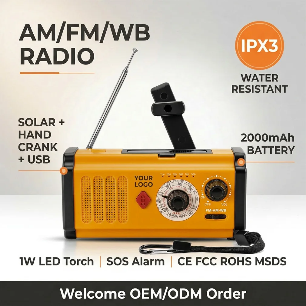 Portable Emergency Solar Hand Crank Outdoor FM AM WB Weather Radio with SOS Alarm Flashlight Rechargeable Power Bank Wholesale