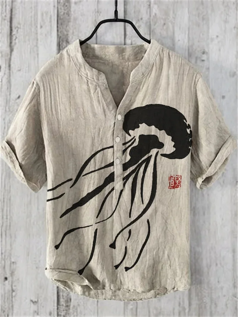 Summer Fashion Men's Small V-neck Japanese Art Frog Print Standing Neck Shirt Men's Leisure Art Short sleeved Shirt