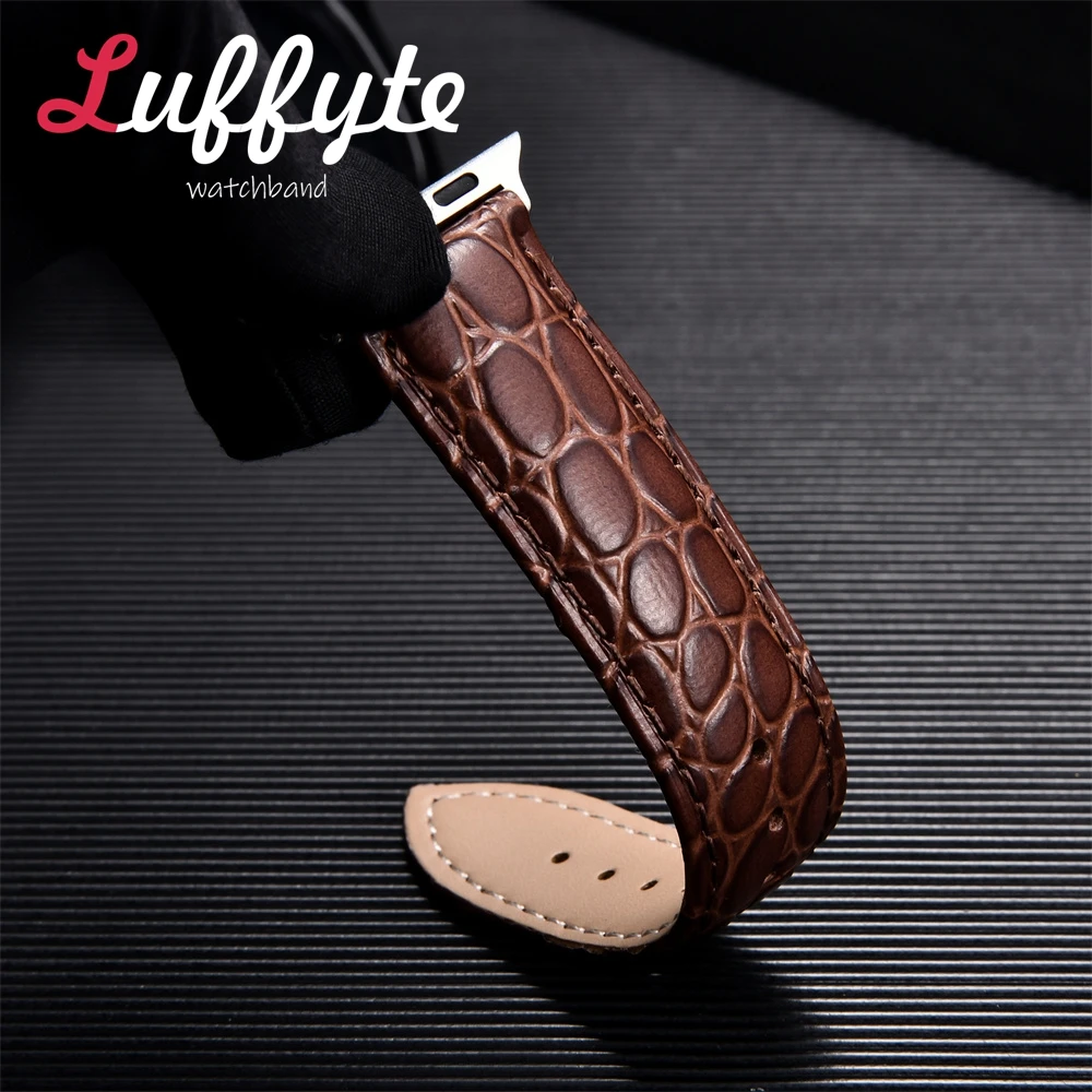 Crocodile Pattern Leather Band for Apple Watch Ultra 8 7 SE 6 5 4 3 Watchband 38 40 41 42 44 45 49mm Strap with Butterfly Buckle