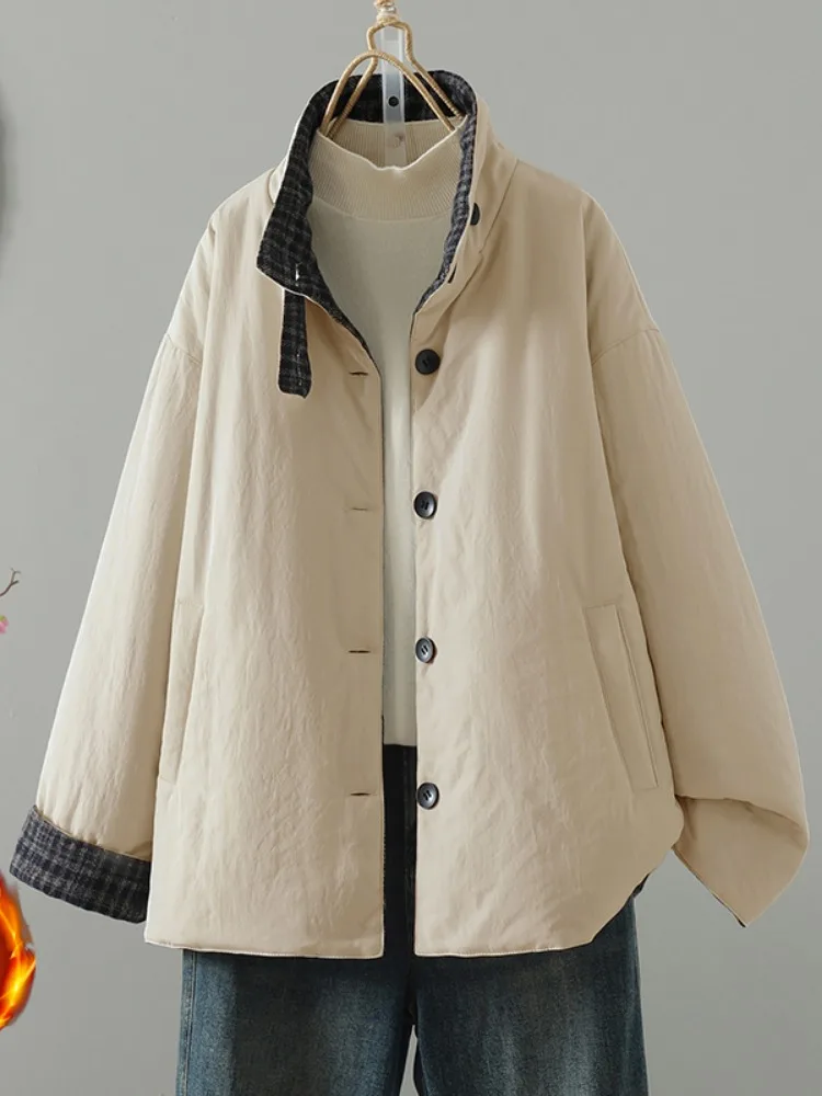 High-End Fashion Plaid Cotton Jacket Women's Winter Thickened Warm Coat Casual Style Large Size Loose Fit Long Sleeve Button