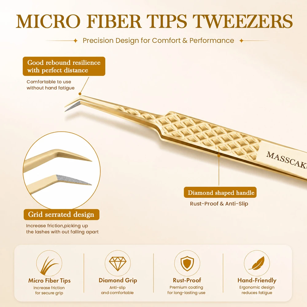 MASSCAKU Eyelash Extension Tweezers Fiber Tip Gold Stainless Steel Lash Pickup Tool for Volume Fans Classic Lash Isolation