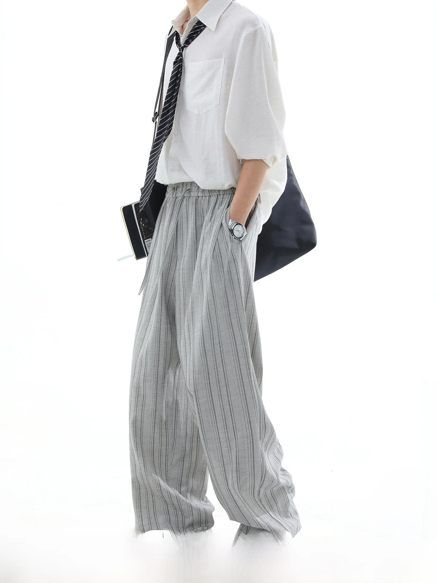 Casual Loose Men's Summer Thin Straight Leg Pants Pleated Stripe Design Comfortable Breathable Polyester Blend Fashionable