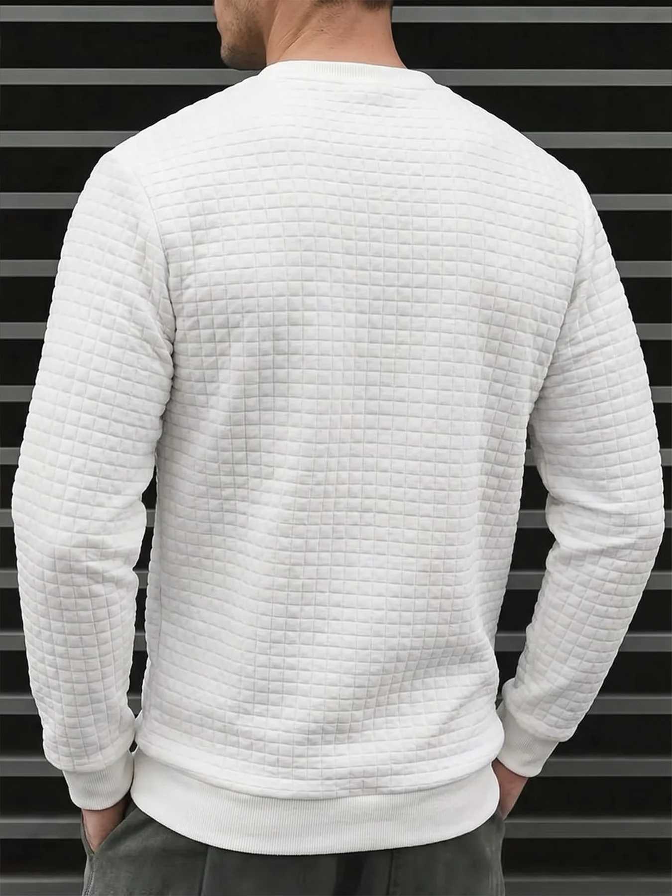 Autumn Men's Waffle Grid Sweatshirt Crew Neck Quilted Textured Pullover Long Sleeve Ribbed Cuffs Casual Daily Wear