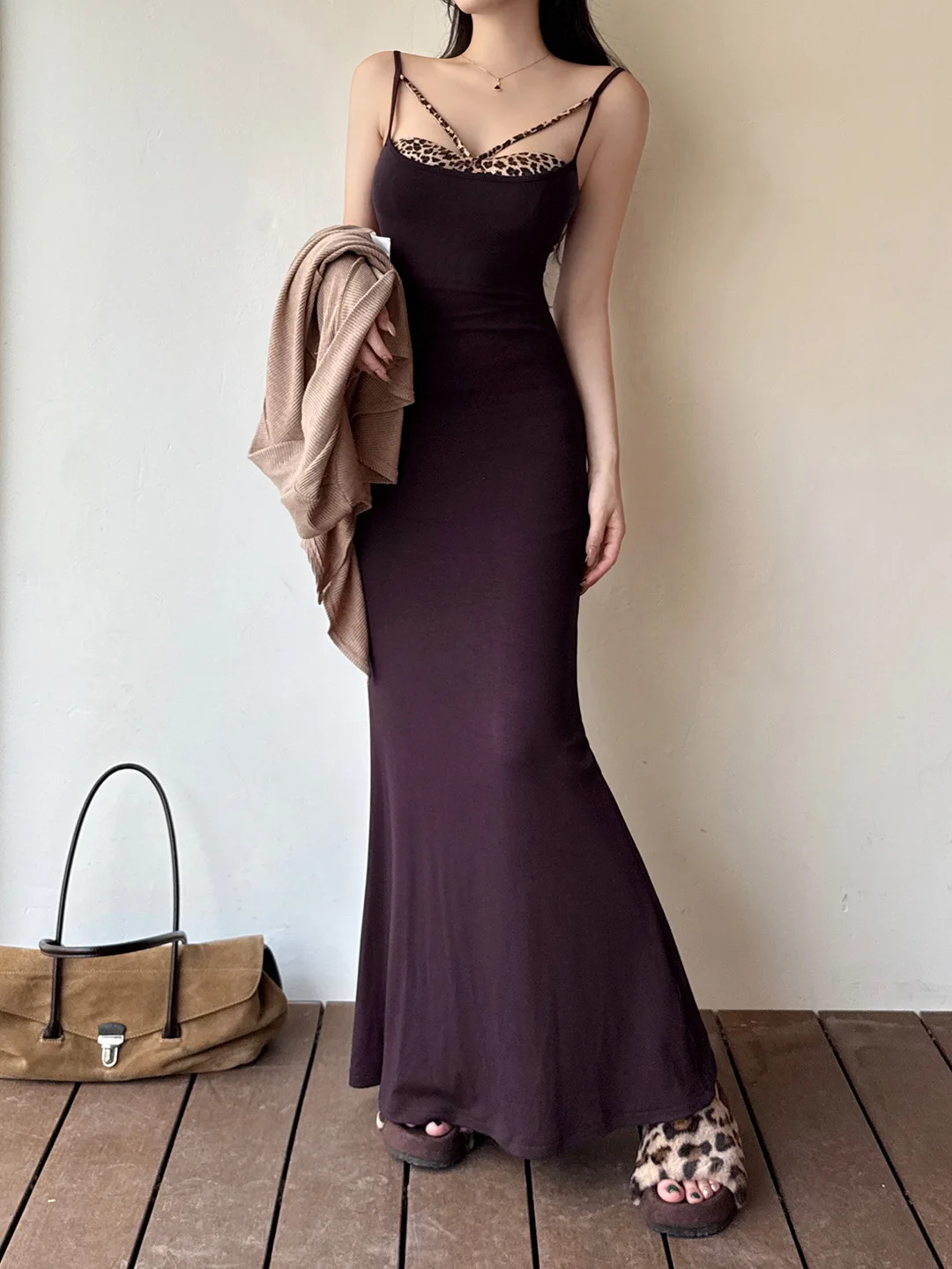 

Elegant Women's Leopard Print Paneled Purple Bodycon Dress Sexy Off-shoulder Slim Pencil Skirt Party Evening Dress Vestidos Gown