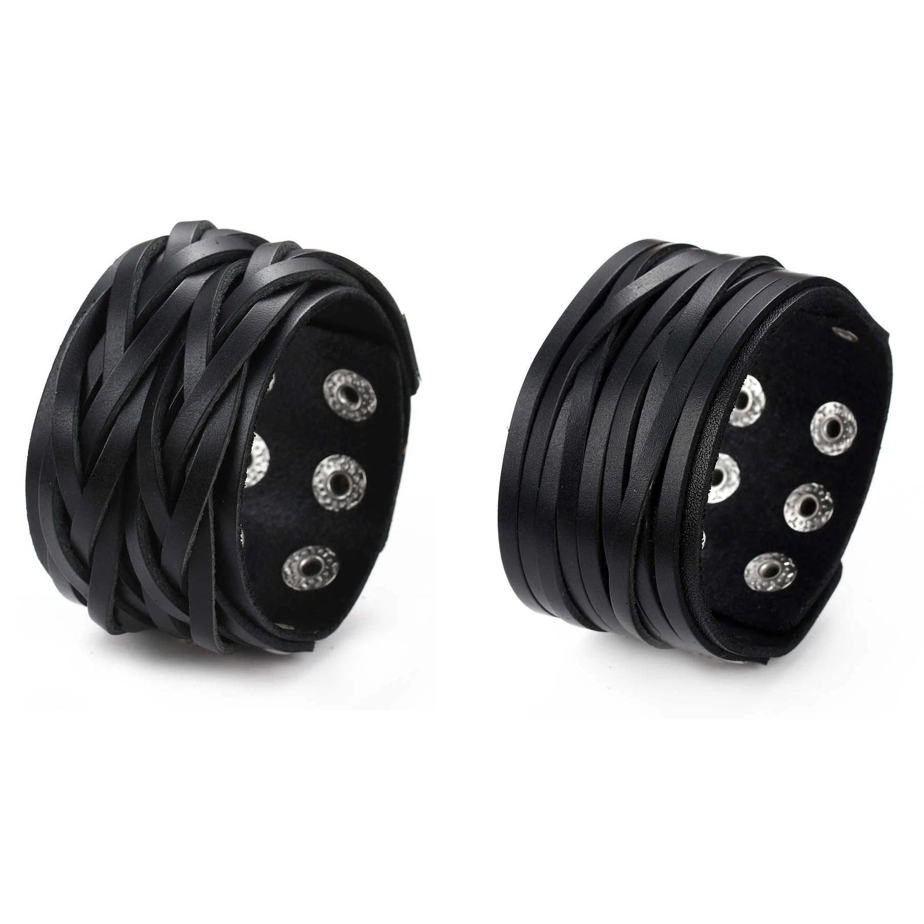 

2 Pcs Leather Bracelet Braided Biker Cuff Strap Punk Wide Belt Bangle Wristband For Women Men Black Brown Size Adjustable