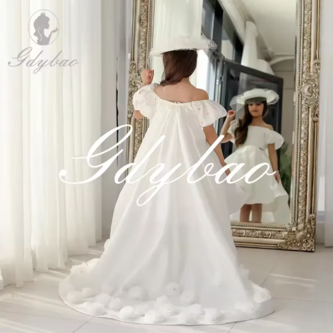 Floral Wedding Off-Shoulder Flower Girl Dress  Knee-Length with Train Custom Formal First Communion Dress