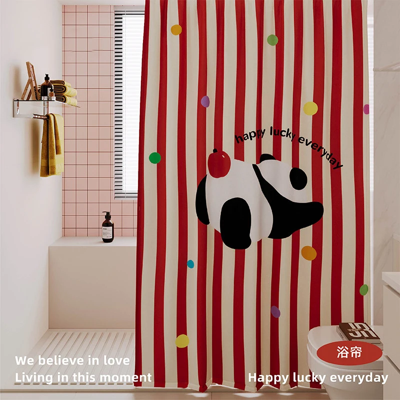 Cute Cartoon Panda Pattern Bathroom Curtain Home Shower Room Partition Decoration Waterproof Mildewproof Quick Drying