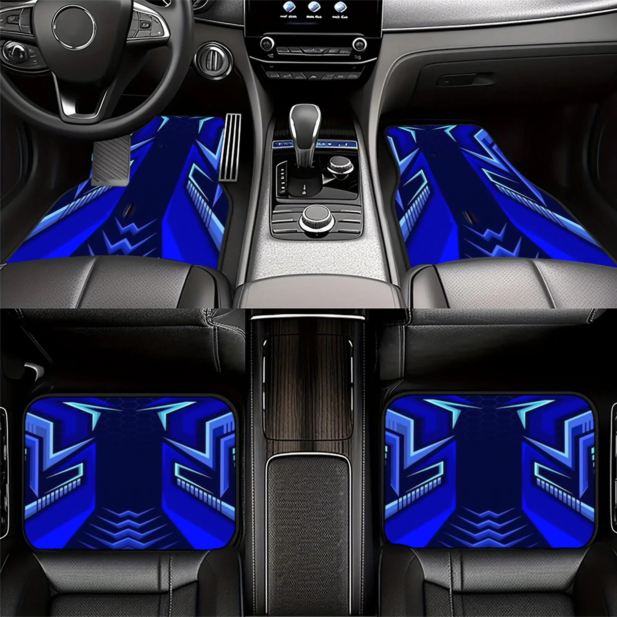 2pcs/4pcs Polyester Fiber Blue Geometric Pattern Car Floor Mats, Bold Futuristic Design With Sharp Angles And Dynamic Lines