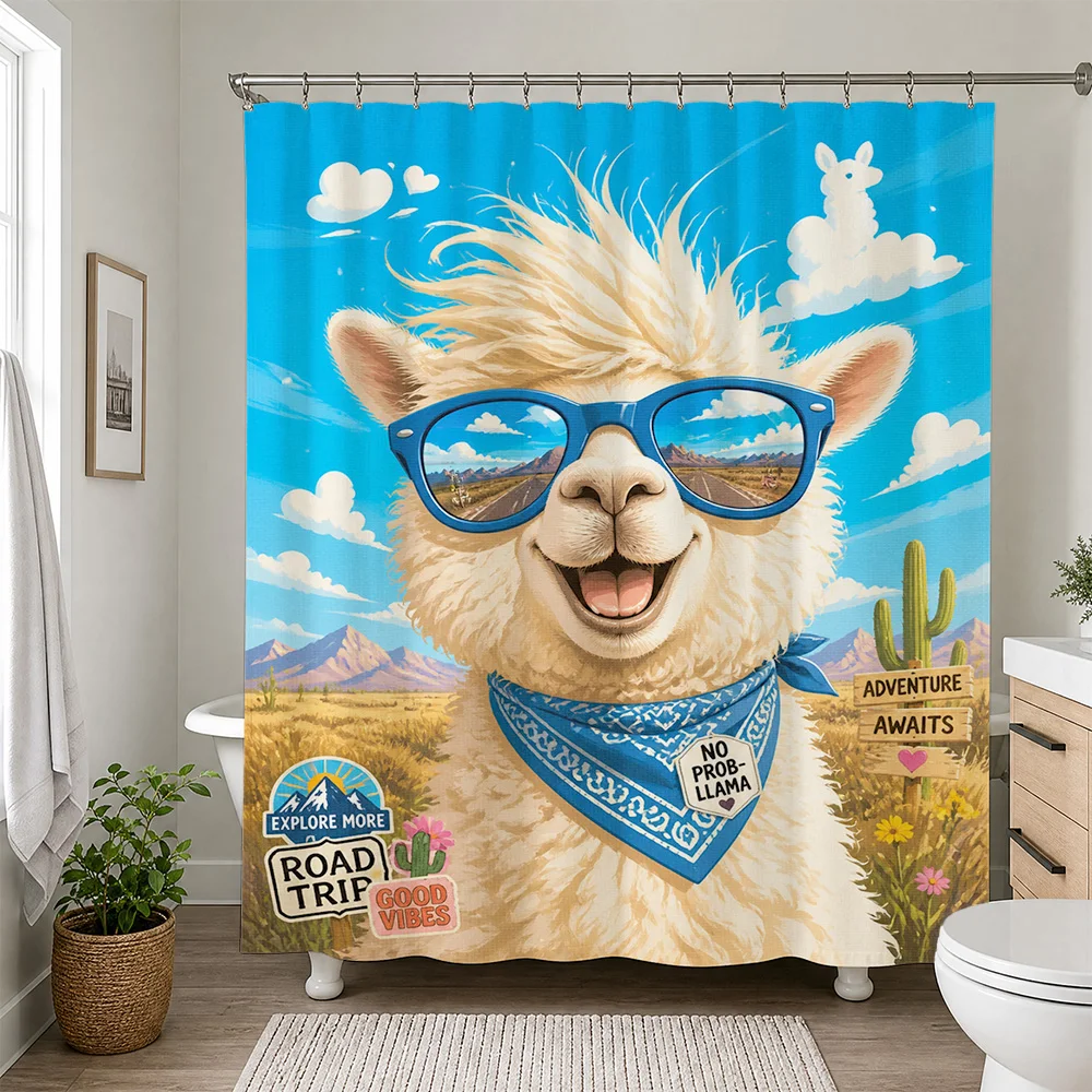 Funny Alpaca Face Shower Curtain Blue Sky Adventure Vibes Road Trip Cute Bathroom Decor