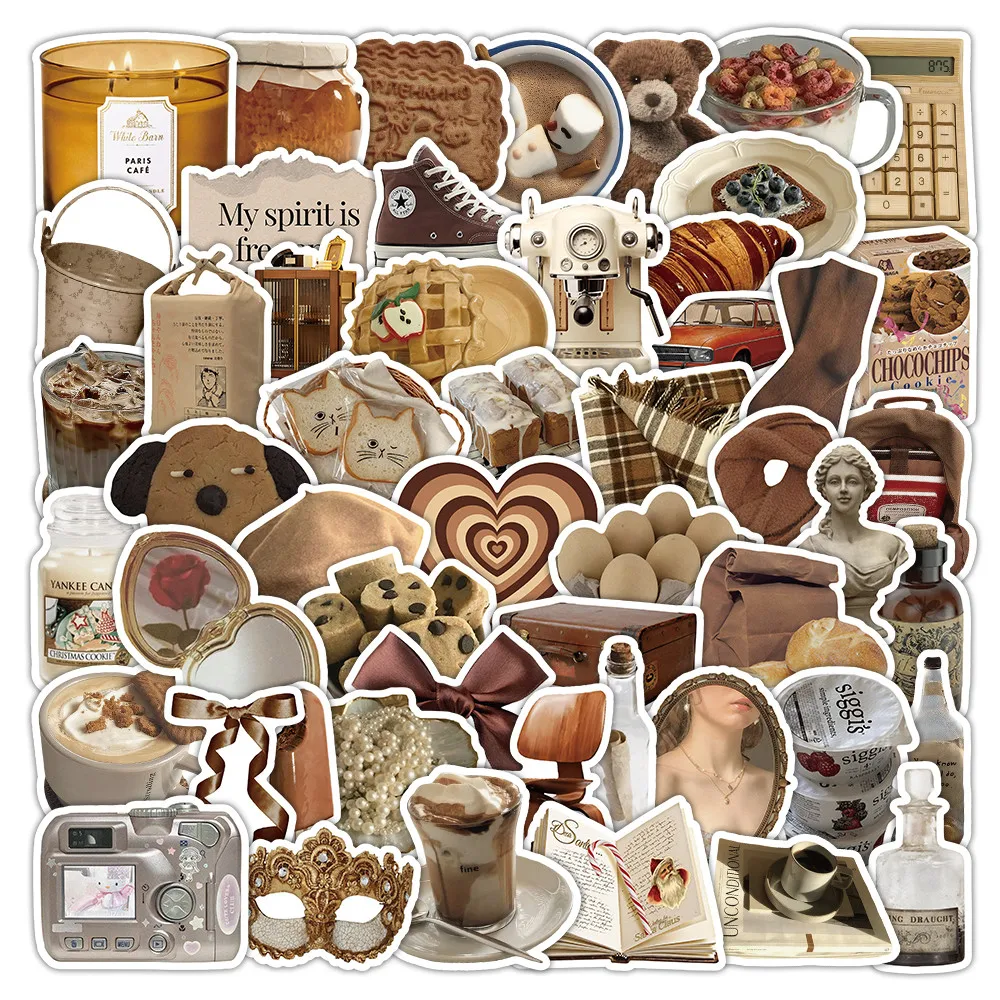 54 Sheets Chic Brown INS Aesthetic Stickers - Decorative Labels for Stationery & Gift Wrapping Decoration Peel Joy Sticker Store